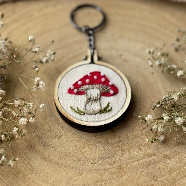 IMG_0587 Mushroom embroidered mini hoop keychain